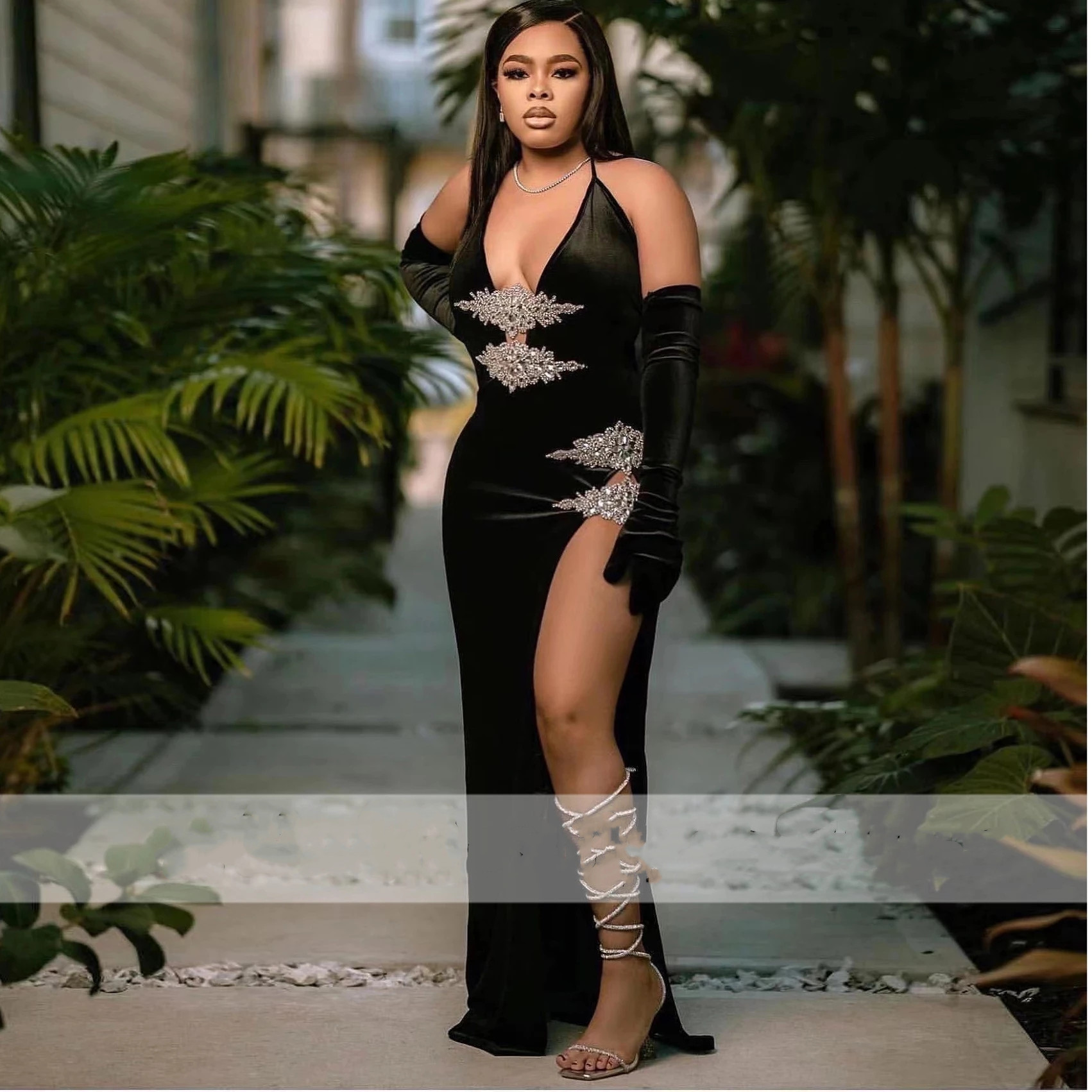 Sexy African Prom Dresses Beads Crystal High Slit Black Veet Plus Size Birthday Party Dress Evening Gowns Formal Robe De Bal 322