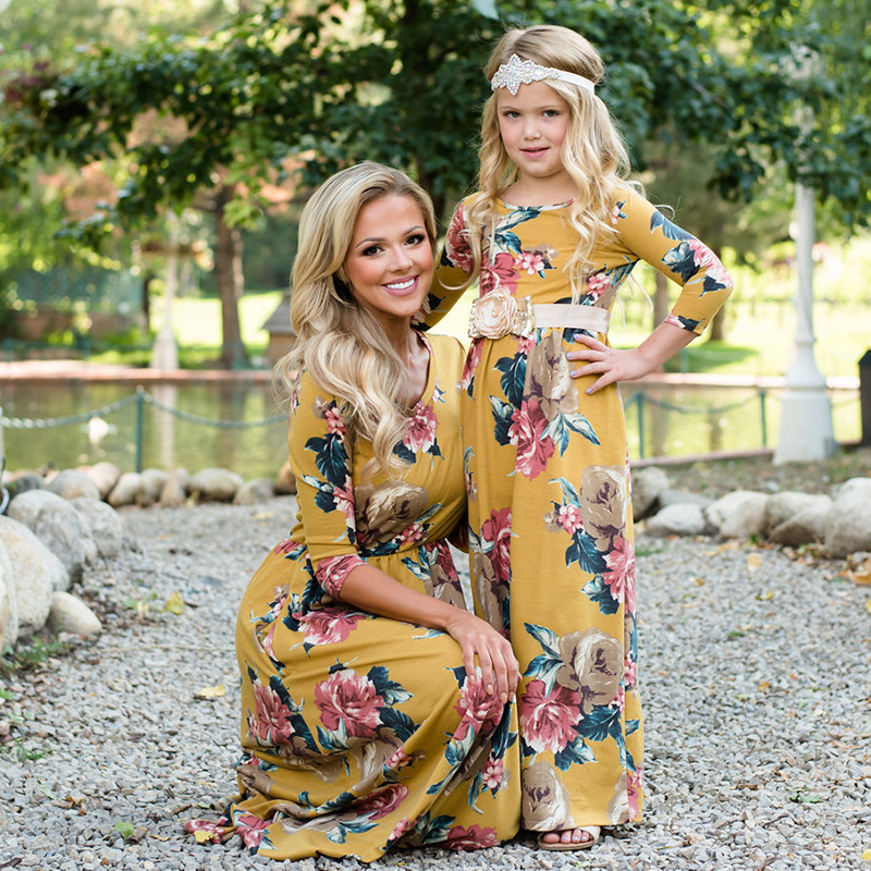 Family Matching Outfits Long Sleeve Mother Daughter Dresses Matching Wedding Party Clothes Floral Mommy And Me Family Look Long Dress Autumn Women Gir