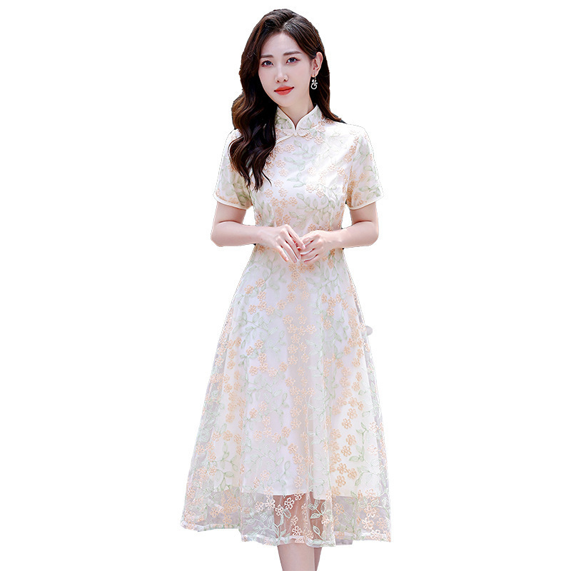 Family Matching Outfits Flower Embroidery Tulle Slim Dress Summer Mom And Daughter Matching Family Outfits Chinese Traditional Qipao Woman Girl Clothe