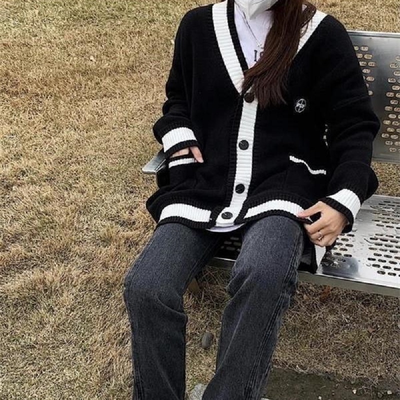 Women's Knits Tees Deeptown Korean Style Black Knitted Cardigan Sweater Women Oversize Fashion Single Breasted Knitwear Jackets Autumn Jumper Coa