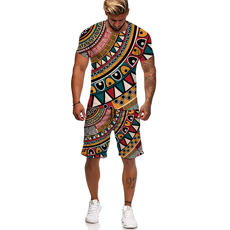 Men's Tracksuits African Printed Women's/Men's T-shirts Sets Fashion Vintage Style Tracksuit/Tops/Shorts Sport And Leisure Summer Male 