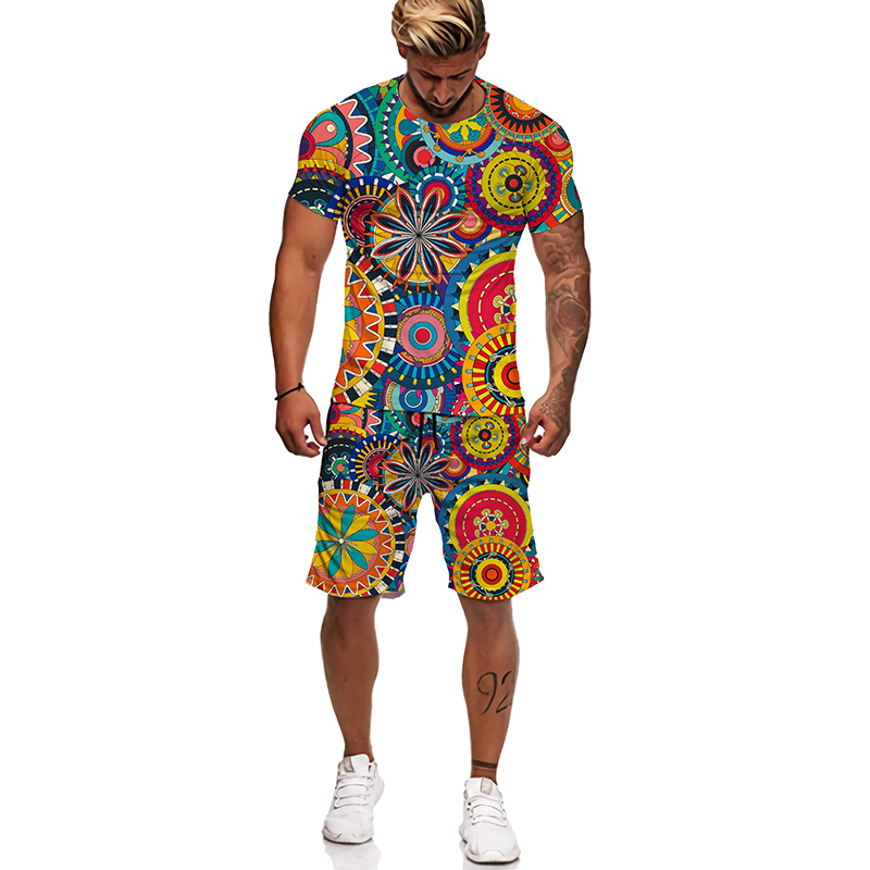 Men's Tracksuits African Printed Women's/Men's T-shirts Sets Fashion Vintage Style Tracksuit/Tops/Shorts Sport And Leisure Summer Male 