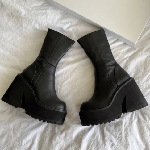 Boots Platform Genuine Leather Ankle Shoe Fashion Mid Calf Female Winter INS Botas De Mujer Size 35 44 220915
