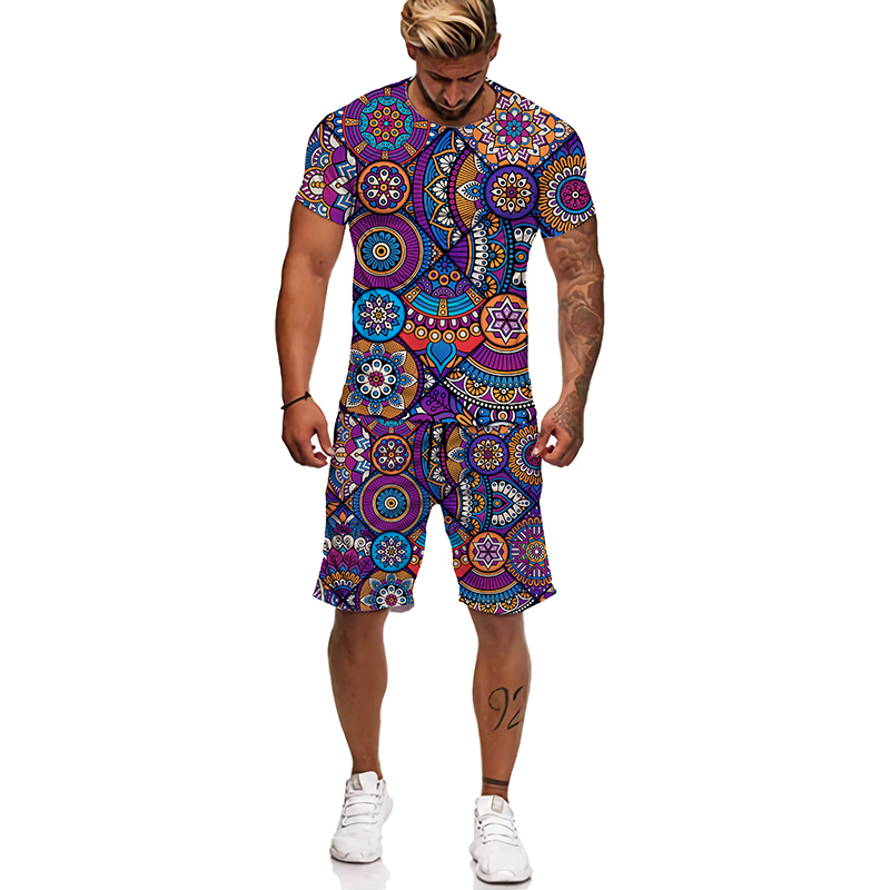 Men's Tracksuits African Printed Women's/Men's T-shirts Sets Fashion Vintage Style Tracksuit/Tops/Shorts Sport And Leisure Summer Male 
