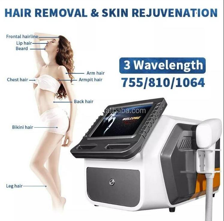 Diode Permanent Hair Removal Laser Triple Wavelength 755 810 1064nm Epilator Facial Skin Rejuvenation suit for all kinds skin painless with cooling sy