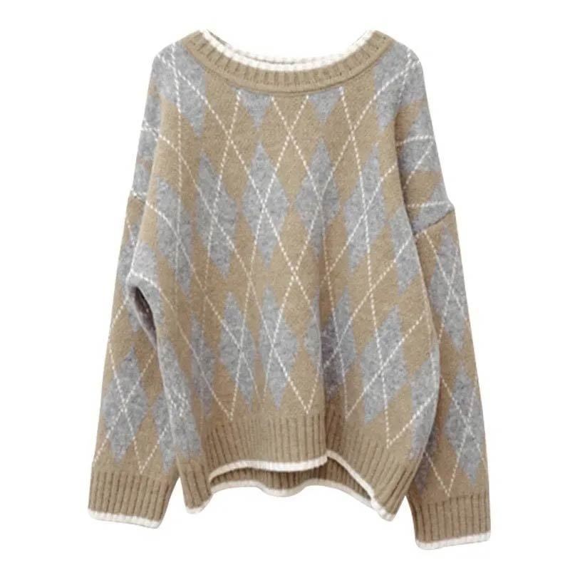 Women's Knits Tees Women Knitted Sweater Fashion Oversized Pullovers Winter Argyle Loose Sweater Korean College Style Women Jumper Sueter Mujer 2