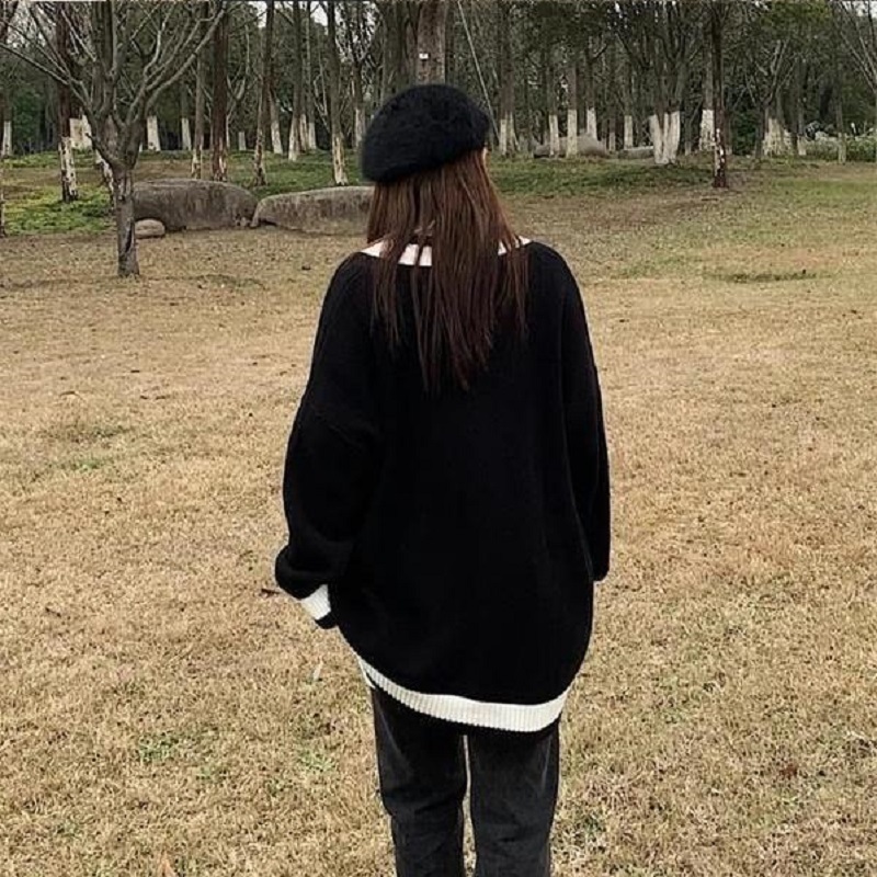 Women's Knits Tees Deeptown Korean Style Black Knitted Cardigan Sweater Women Oversize Fashion Single Breasted Knitwear Jackets Autumn Jumper Coa