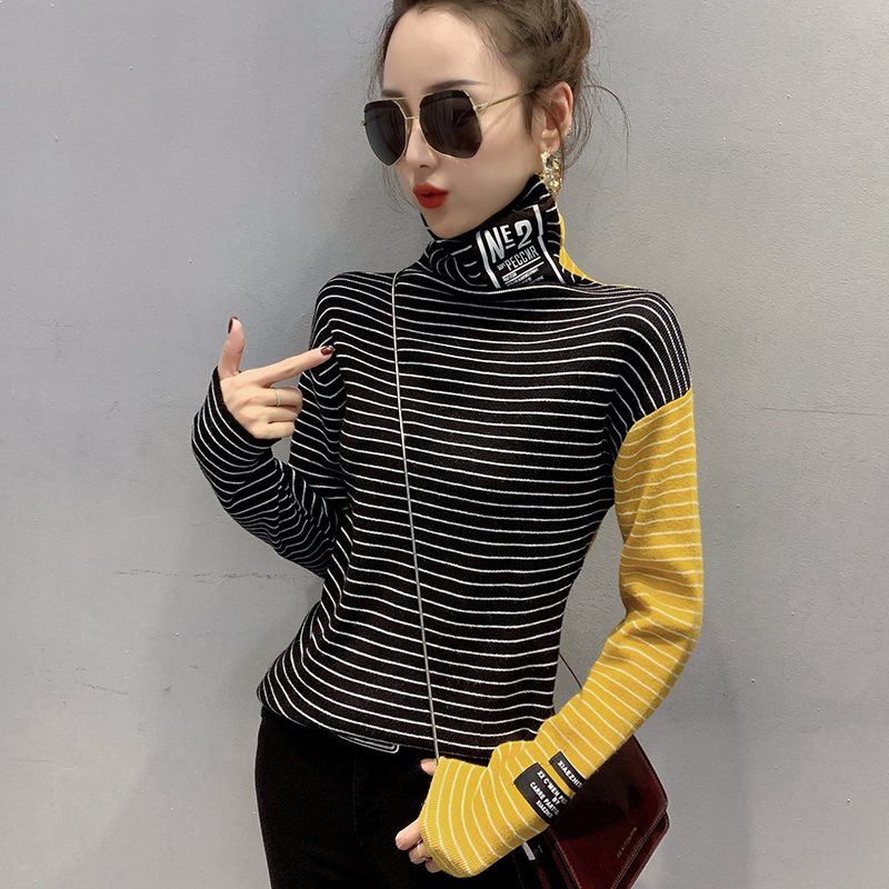 Women's Knits Tees #3807 Spring Striped Knitted Sweater Women Turtleneck Knitted Tops Harajuku Tight Spliced Color Elastic Sweaters Ladies Pullov
