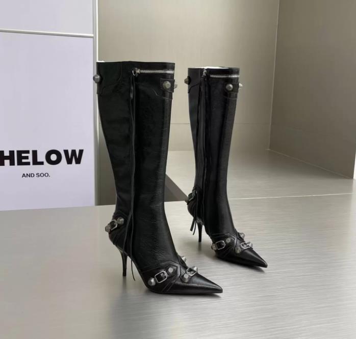 Lambskin leather knee-high boots stud buckle embellished side zip shoes pointed Toe stiletto heel tall boot luxury designers shoe for women factory footwear