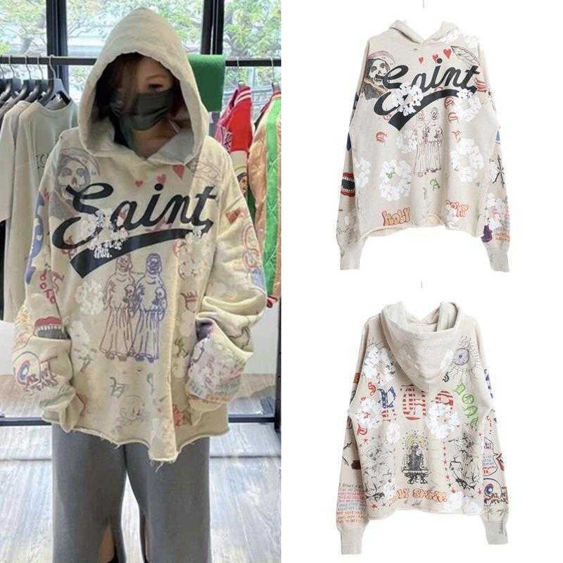 

Designer Fashion Hoodie Saint Michael Co-branded Denim Tears Kapok Graffiti Printed Trend, Dirty washing white (spot)