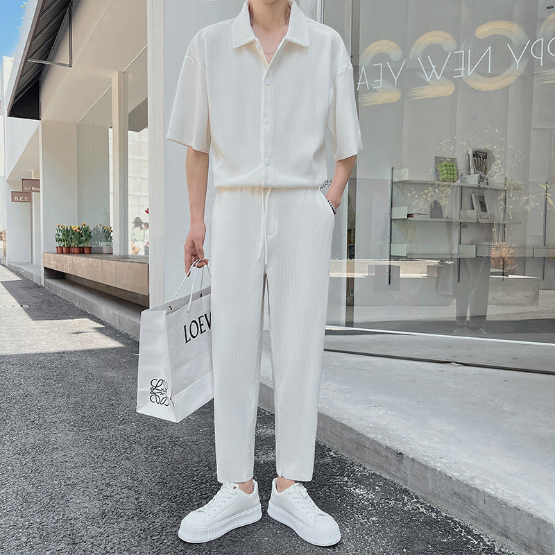 Men's Tracksuits Summer Pleated Sets Men Fashion Black/White Casual Ice Silk Suit Men Korean Short-sleeved Shirt/Trousers Two-piece Mens Set 2209