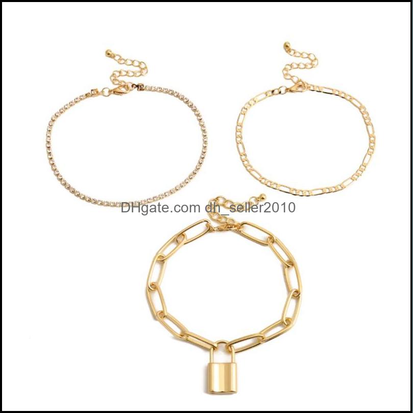 Anklets Fashion 3Pcs/Set With Lock Pendant Chain Anklet Bracelet For Women Foot Accessories Summer Beach Barefoot Sandals 144 R2 Drop Dh5Ai