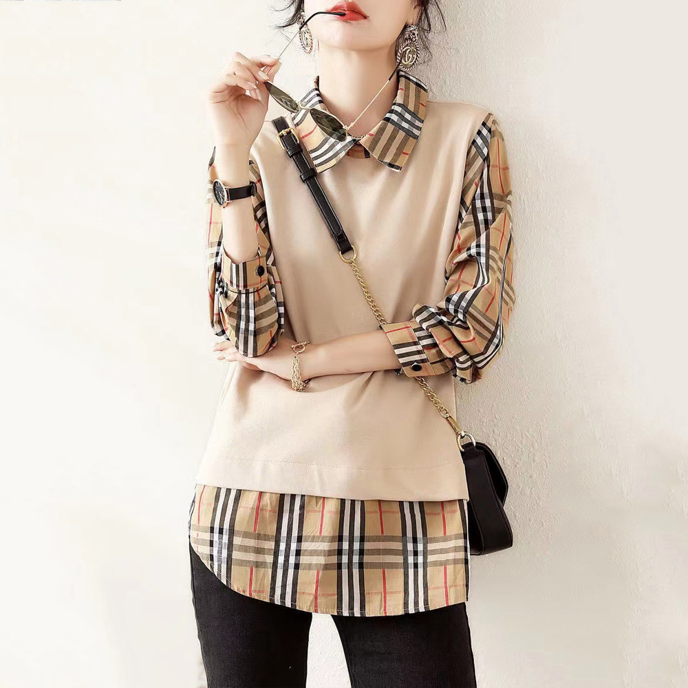 Designer Women's Blouses Europe and America Fashion fake two-piece plaid Summer New T-Shirt Plus Size Casual Long Sleeve Top