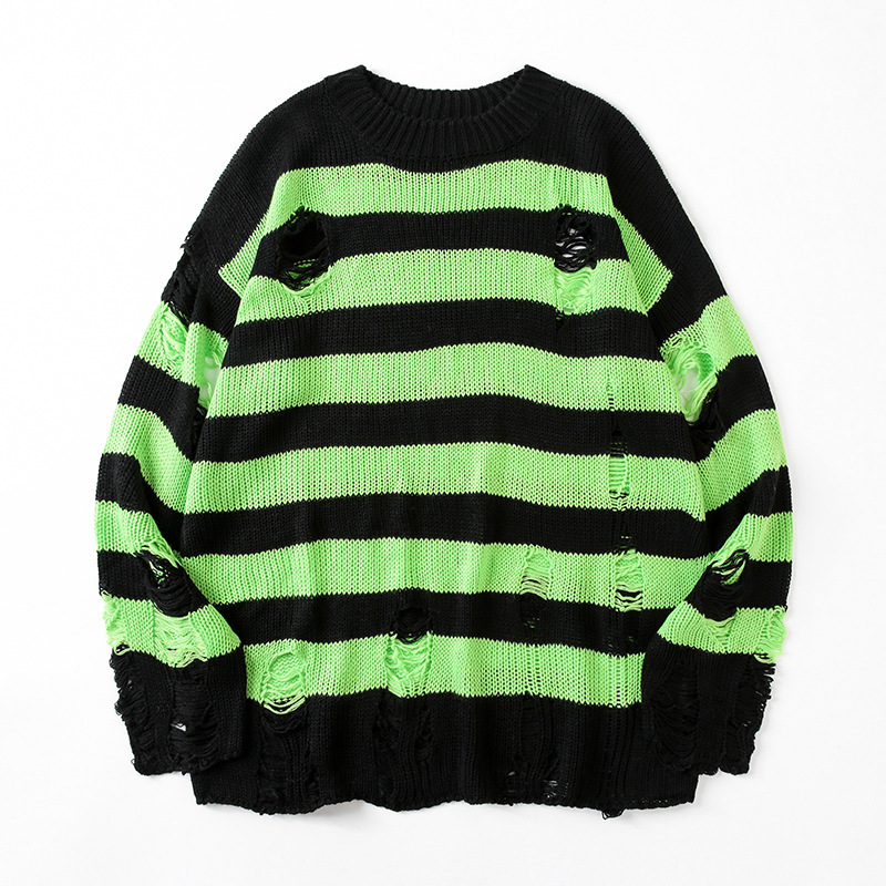 Men's Sweaters Black Stripe Sweaters Destroyed Ripped Sweater Women Pullover Hole Knit Jumpers Oversized Sweatshirt Harajuku Long Sleeve Tops 220