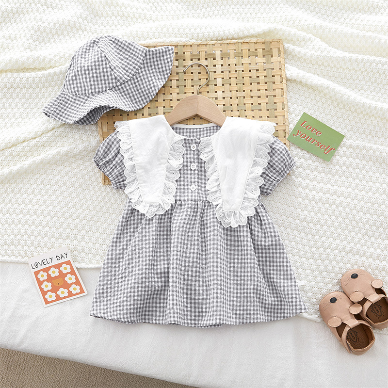 Family Matching Outfits Summer Plaid Doll Collar Parent-child Clothes Men's Treasure Shirt Jumpsuit Hat Baby Girl Dress born Mother And Son Siste