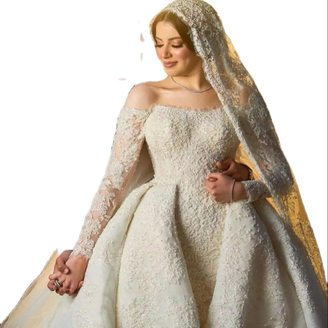 Luxury Mermaid Wedding Dress Boat Neck Long Sleeve With Detachable Train Ball Gown For Women Robe De Soiree Saudi Arabia