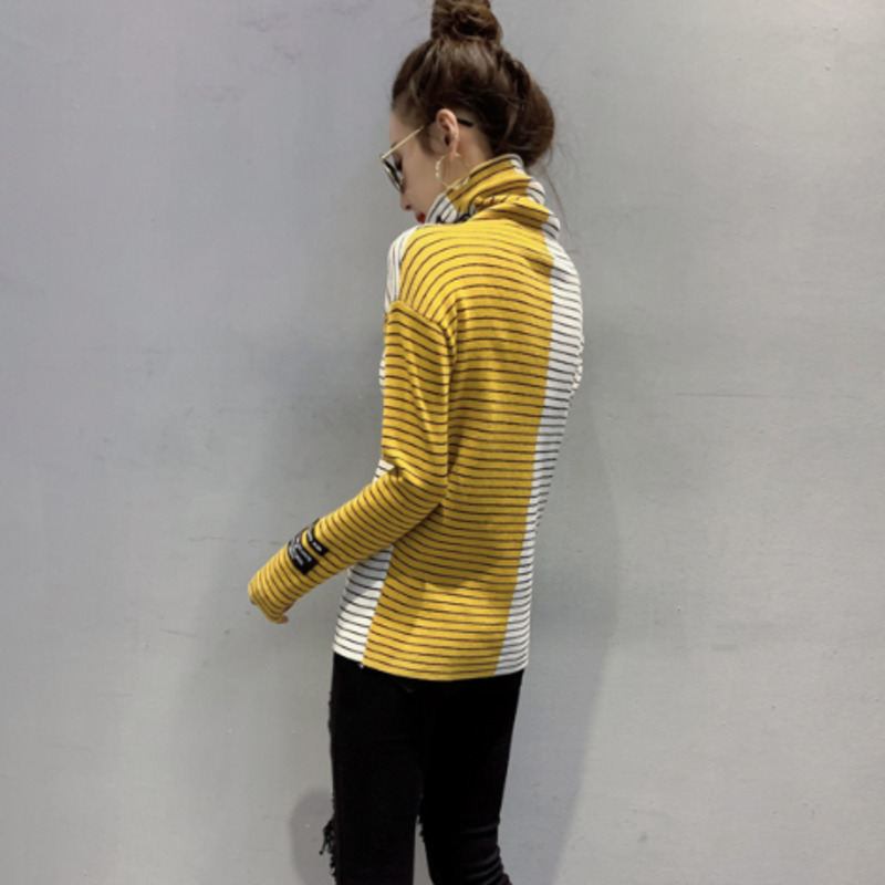 Women's Knits Tees #3807 Spring Striped Knitted Sweater Women Turtleneck Knitted Tops Harajuku Tight Spliced Color Elastic Sweaters Ladies Pullov