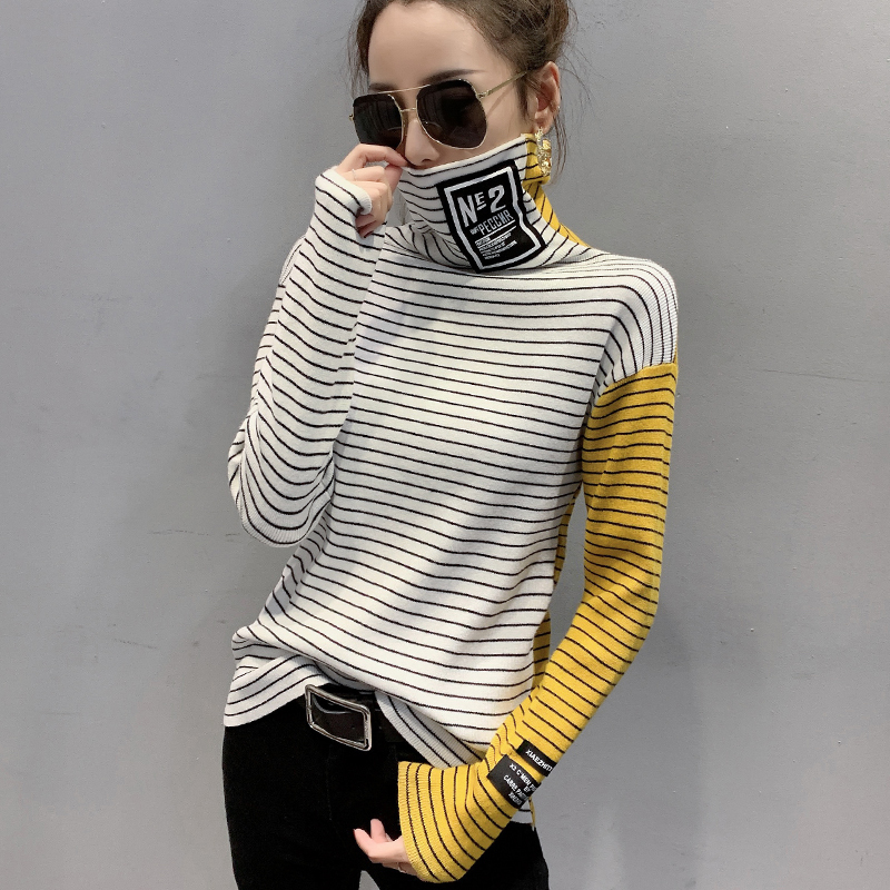 Women's Knits Tees #3807 Spring Striped Knitted Sweater Women Turtleneck Knitted Tops Harajuku Tight Spliced Color Elastic Sweaters Ladies Pullov