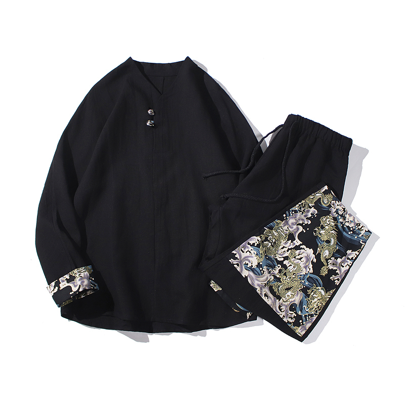 Mens Tracksuits Autumn Suit Mens Chinese Cotton and Linen Stitching Hanfu Tang Suit Youth Leisure 2piece Set Longsleeved Top Pants 220915