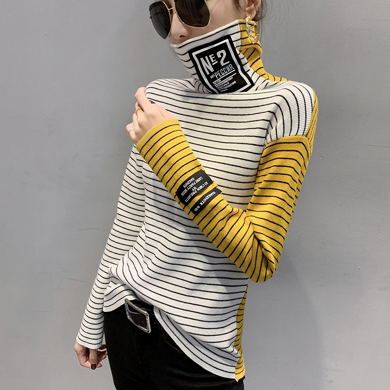 Women's Knits Tees #3807 Spring Striped Knitted Sweater Women Turtleneck Knitted Tops Harajuku Tight Spliced Color Elastic Sweaters Ladies Pullov