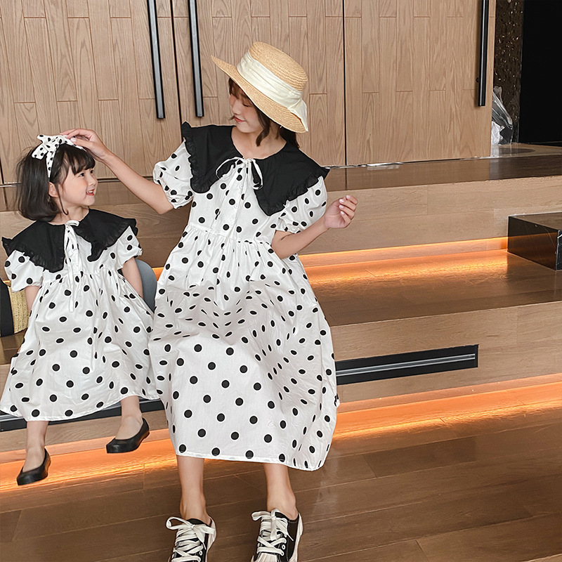 Family Matching Outfits Parent-child Outfit Summer Clothes Mother and Daughter Western Style Short Sleeve Dress Polka Dot Chiffon Elegant Princess Dre