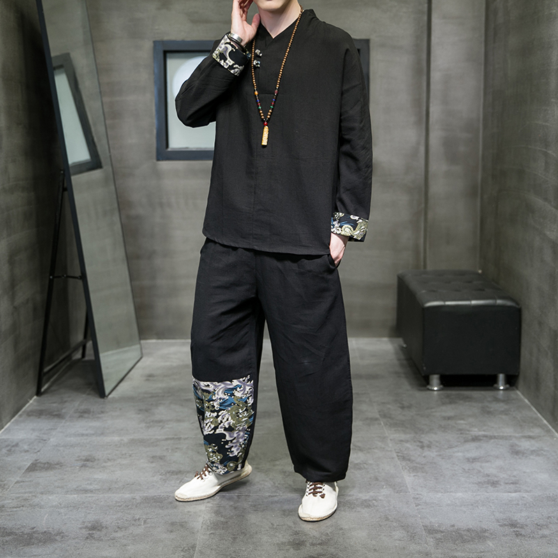 Mens Tracksuits Autumn Suit Mens Chinese Cotton and Linen Stitching Hanfu Tang Suit Youth Leisure 2piece Set Longsleeved Top Pants 220915