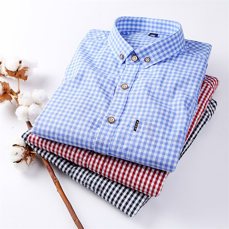 Men's Casual Shirts Thin 100% Cotton Plaid for Men Long Sleeve Regular Fit Checkered Dress shirt Mens Blue Soft Comfortable Male 220915