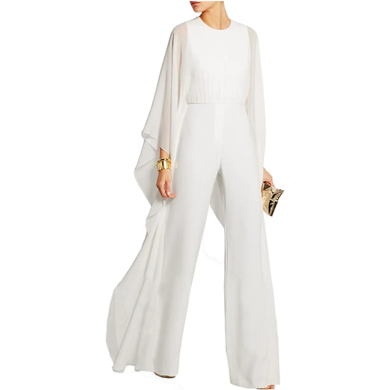 Elegant Chiffon Mother of the Bride Pants Suits Empire Waist Women Jumpsuits Wedding Guest Formal Evening Dress Jewel Neck Long Sleeve White Black Pro
