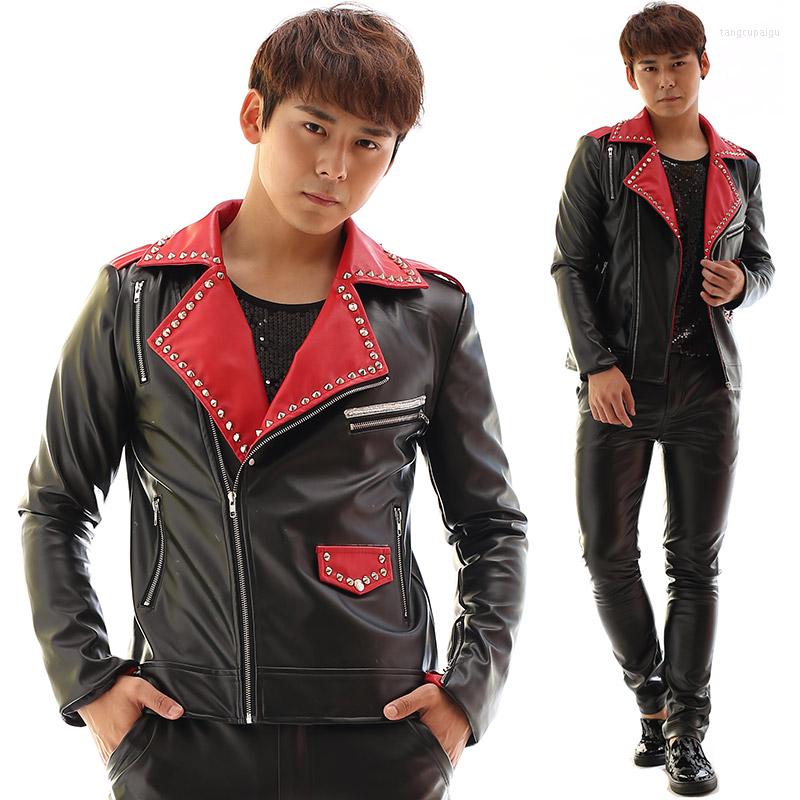 Men' Jackets Red And Black Splice Leather Rivets Men Jacket Nightclub Male Singer Stage Wear High Quality Individuality Slim Coat, Black jacket
Men' Jackets Red And Black Splice Leather Rivets Men Jacket Nightclub Male Singer Stage Wear High Quality Individuality Slim Coat, Black jacket