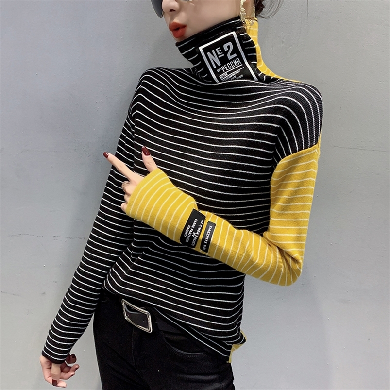 Women's Knits Tees #3807 Spring Striped Knitted Sweater Women Turtleneck Knitted Tops Harajuku Tight Spliced Color Elastic Sweaters Ladies Pullov