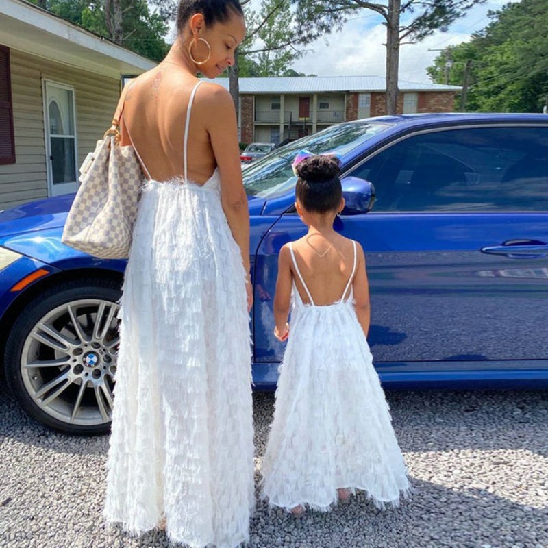 Family Matching Outfits Vintage Mommy And Me White Maxi Dresses For Birthday Wedding Party Mother Daughter Solid Ankle Long Dress Family Matching Outf