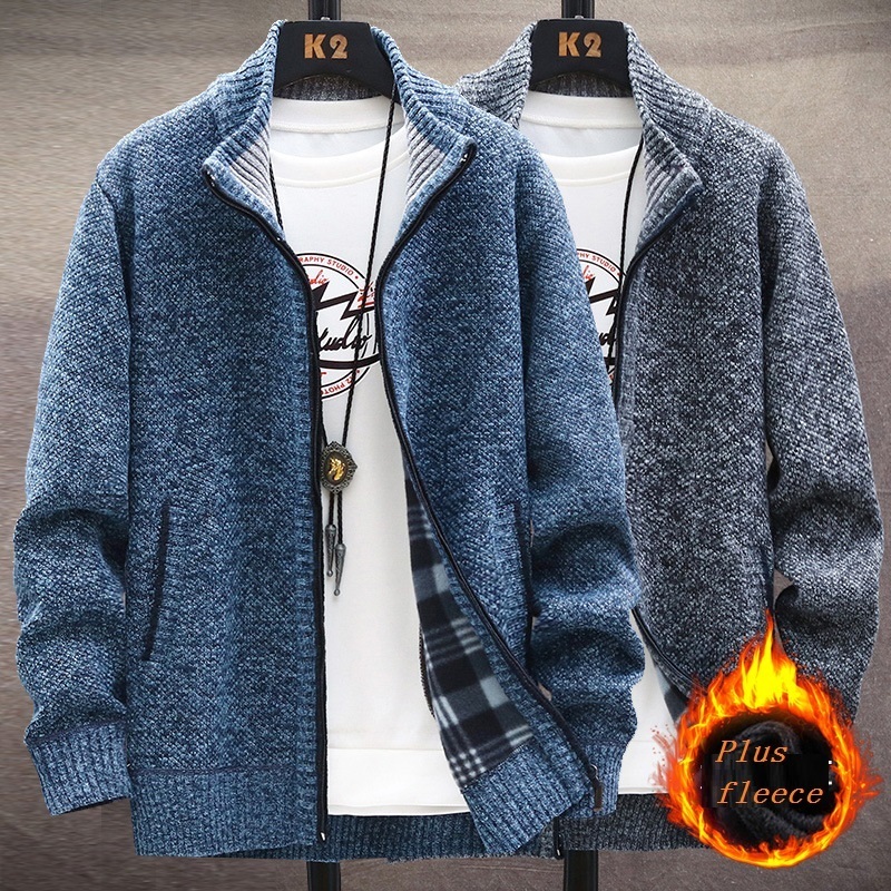 Men's Wool Blends Men's Stand-up Collar Sweater Large Size Loose Cardigan Jacket Casual Autumn And Winter Plus Velvet Thick Warm Knitted Swe
