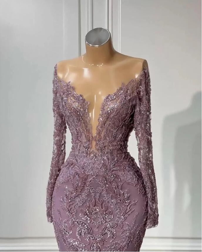 Purple Arabic Aso Ebi Mermaid Prom Dresses 2023 Lace Beaded Long Sleeve Plus Size Evening Second Reception Birthday Engagement gown