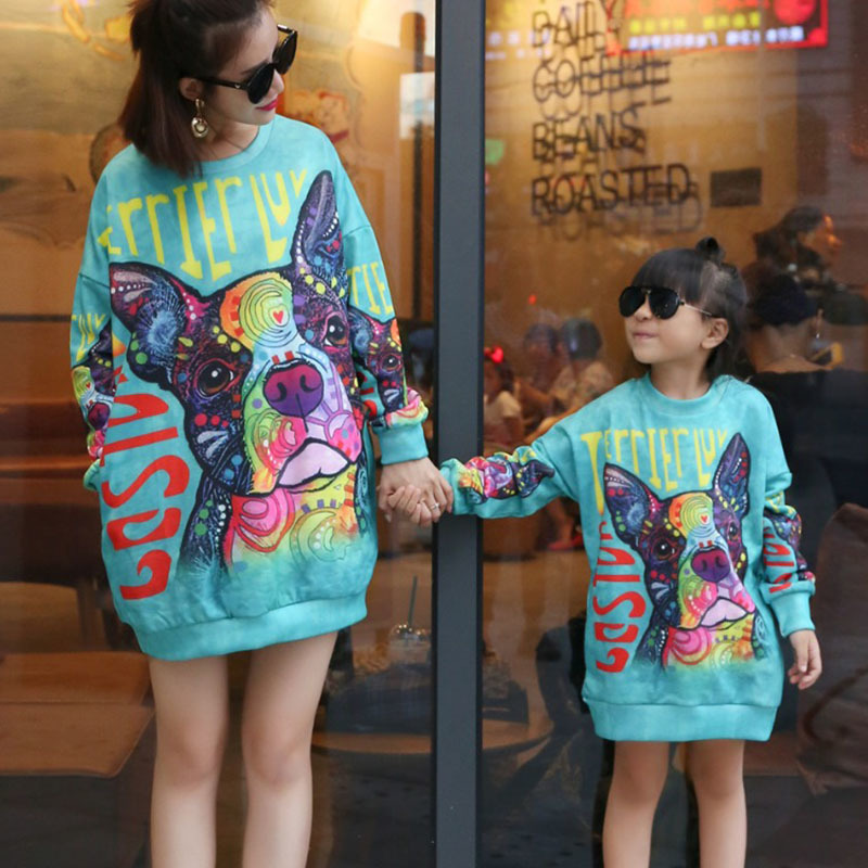 Family Matching Outfits Mother Daughter Dress Long Sweatshirts Women Girl Long Sleeve Print Sweatshirt Dress Casual Family Matching Mommy And Me Cloth
