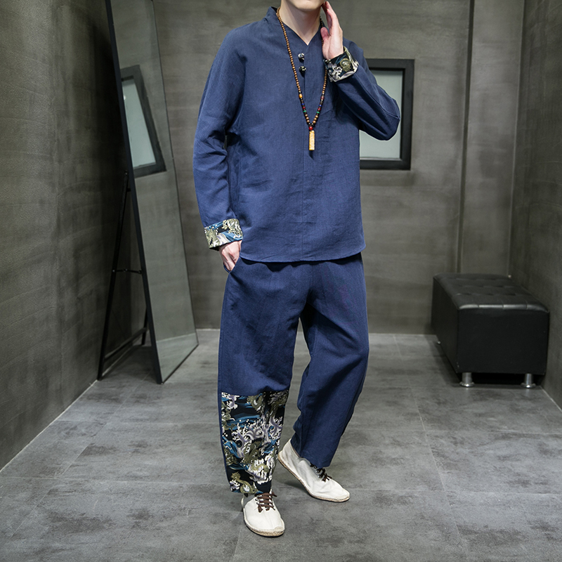 Mens Tracksuits Autumn Suit Mens Chinese Cotton and Linen Stitching Hanfu Tang Suit Youth Leisure 2piece Set Longsleeved Top Pants 220915