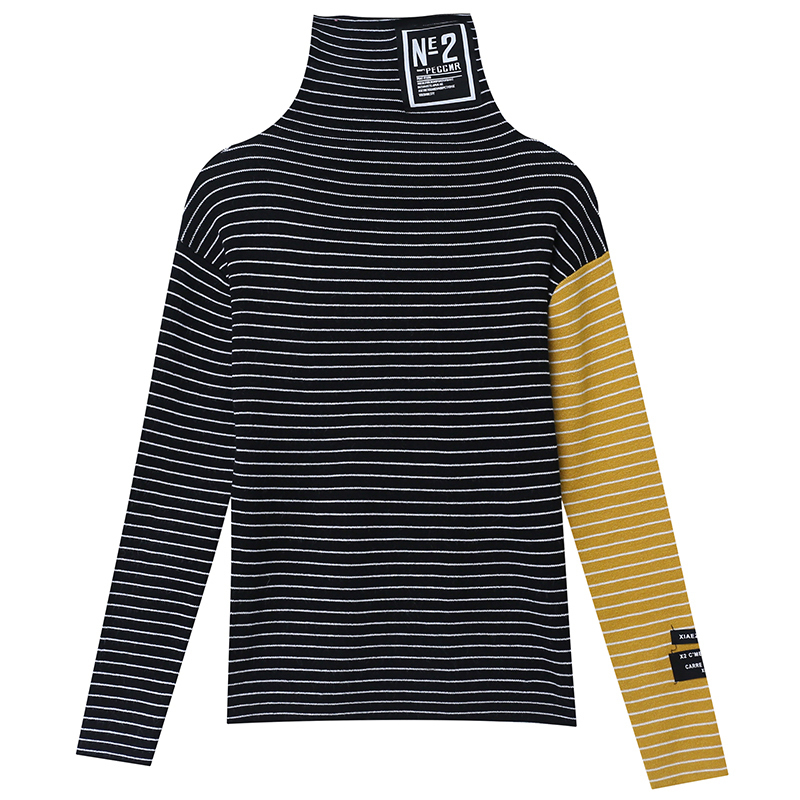 Women's Knits Tees #3807 Spring Striped Knitted Sweater Women Turtleneck Knitted Tops Harajuku Tight Spliced Color Elastic Sweaters Ladies Pullov