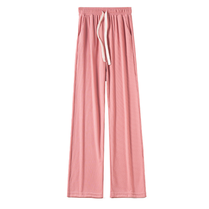 Women's Pants Capris Black Elastic Pockets Drape Ice Silk Wide-Leg Pants Women's Summer Thin Drawstring High Waist Slim Loose Mopping Trouse