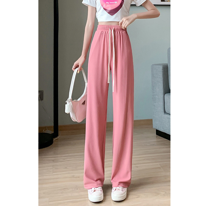 Women's Pants Capris Black Elastic Pockets Drape Ice Silk Wide-Leg Pants Women's Summer Thin Drawstring High Waist Slim Loose Mopping Trouse