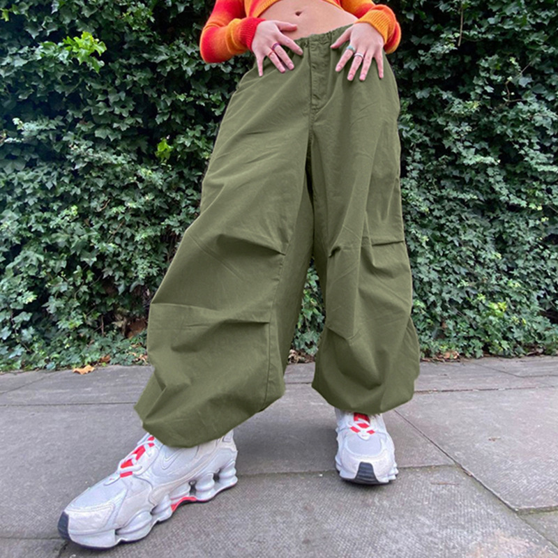 Women's Pants Capris MONMOIRA Low Waist Women Pockets Drawstring Baggy Cargo Pants Elastic Waist Cuteandpsycho Trousers Female Parachute Pant cwp