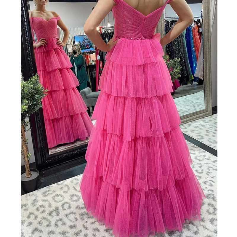 Elegant Off Simple Shoulder A Line Evening Dresses Pleats Tulle Ruffles Special Occsaion Party Dress Sweep Train Formal Gowns