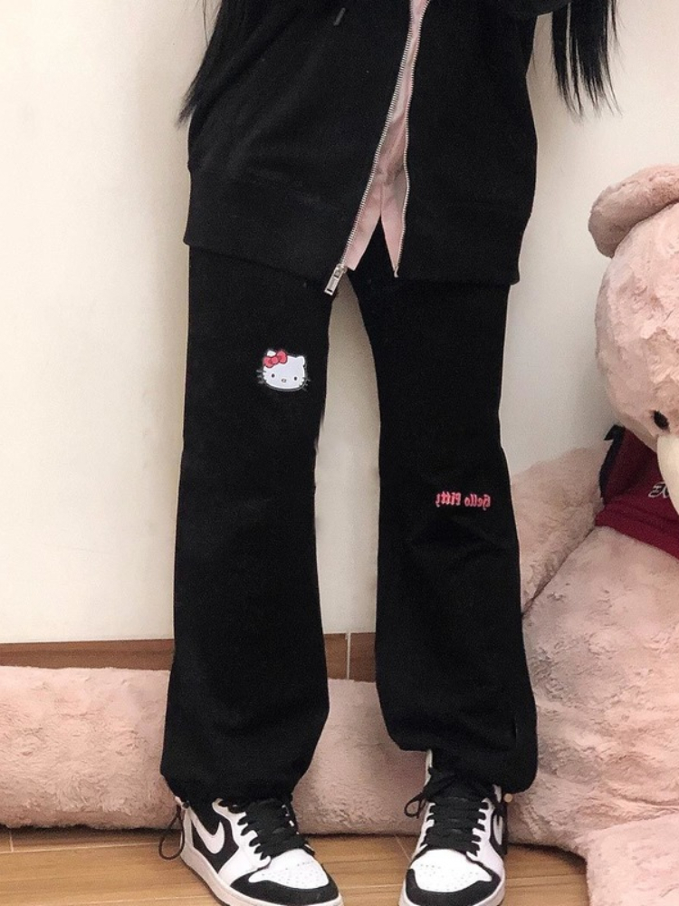 Women's Pants Capris QWEEK Kawaii Jogging Sweatpants Women Harajuku Oversize Cartoon Print Black Joggers Sports Pants Soft Girl Style Trousers Fe