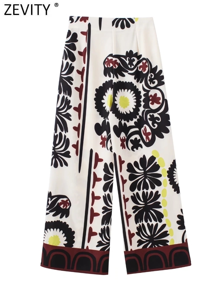 Women's Pants Capris Zevity Women Vintage Patchwork Totem Floral Print Wide Leg Pants Female Chic Side Zipper Long Trousers Pantalones Mujer P976