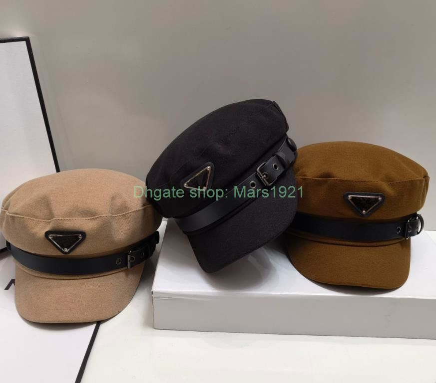 Drop Ship Fashion 21SS Beret Hat With Belts For Women Simple Designer Newsboy Hats Metal Triangle Black Berets Flat Top Caps