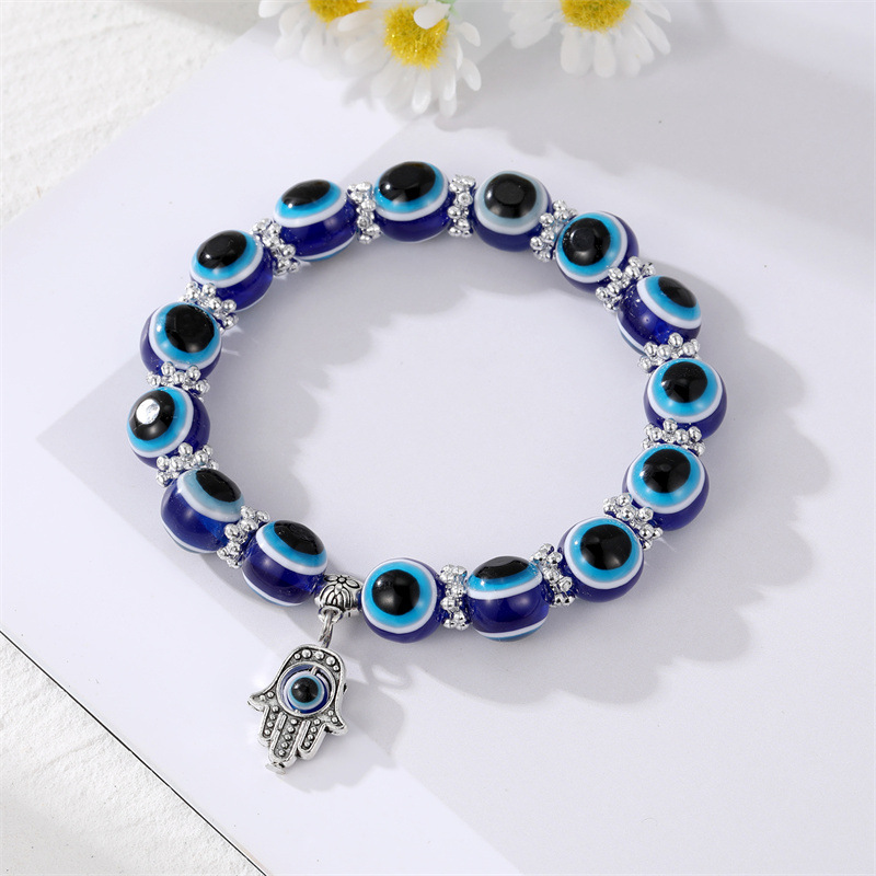 Classic Blue Evil Eyes Palm Butterfly Pendant Bracelet Wishing Elastic Rope Chain Resin Beads Bracelet For Women Jewelry Gift