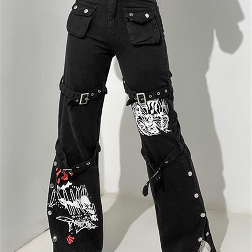 Women's Pants Capris SUCHCUTE Gothic Bandage Women Baggy Jeans Punk Style Egirl Black Denim Trousers Y2K Dark Academia Hight Waist Streetwear Pan