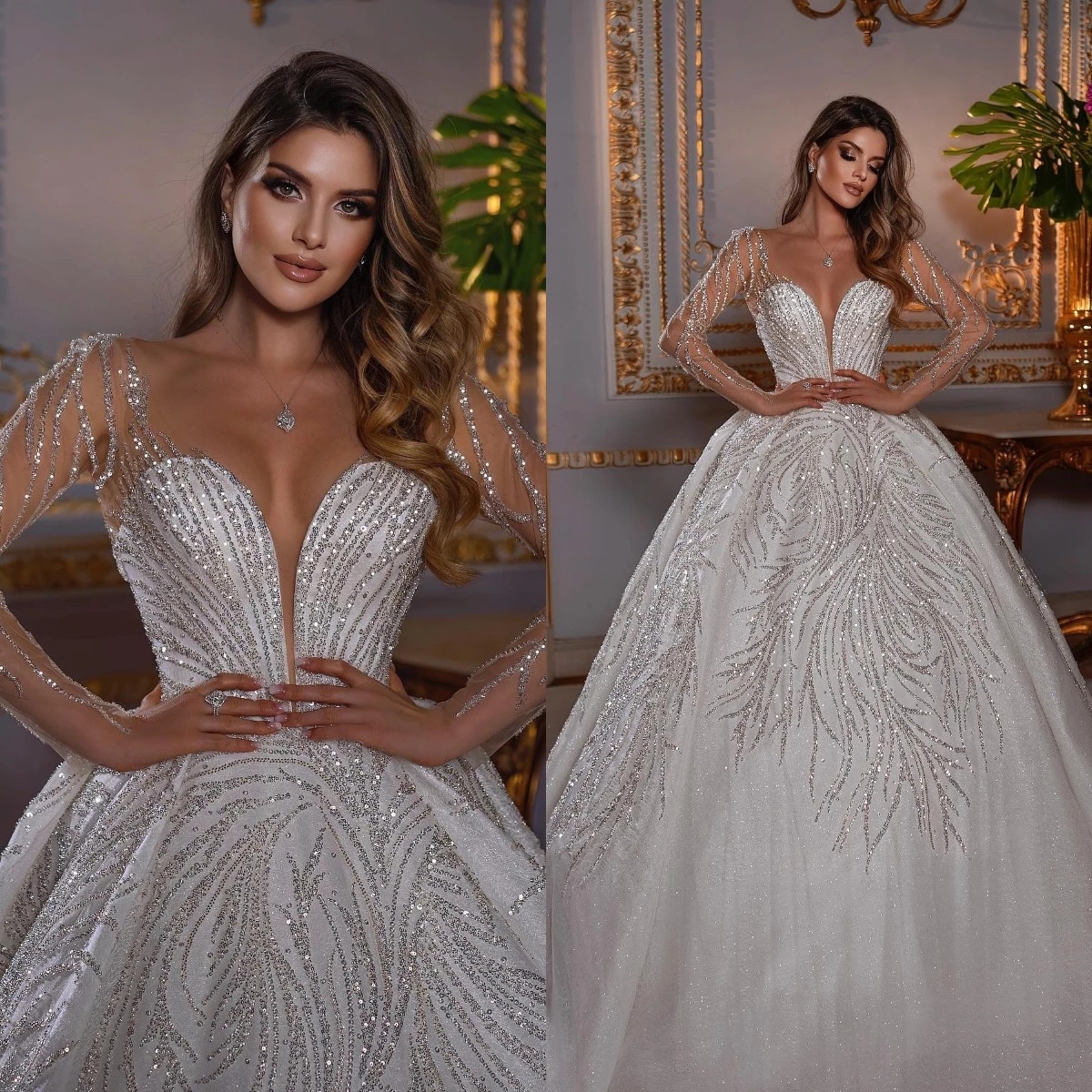 Luxurious Crystals Wedding Dress Sheer Neck Lace Sequined Bridal Gowns Cathedral Train Robe de mariee