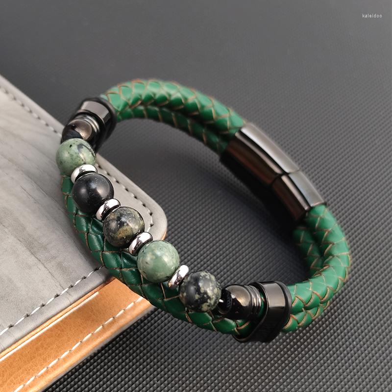 Charm Bracelets Fashion Genuine Green Leather Braided Punk Beads Natural Stone Stainless Steel Magnetic Men Bracelet Jewelry Accessories