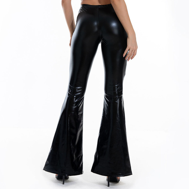 Women's Pants Capris Sexy PU Leather Metallic Pants Shiny Holographic Flare Pants Women Girls Bodycon Elastic Waist Bell Bottom Trousers Clubwear