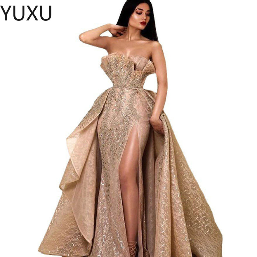 New Design Mermaid evening Dresses See Through Illusion Beading Evening Dress high split Lace Appliques Celebrity Party Gown