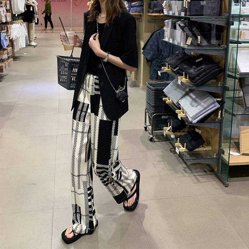 Women's Pants Capris Korobov Women High Waist Wide Leg Pants Korean Streetwear Hit Color Plaid Striped Patchwork Trousers Vintage OL Pants 220916